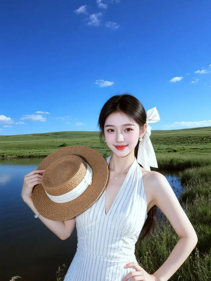 白衣美女手机壁纸｜草原湖畔背景图片 - 清新户外写真「哲风壁纸」