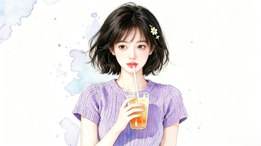 3k手绘短发少女壁纸｜紫色穿搭背景图片 - 清新氛围感「哲风壁纸」