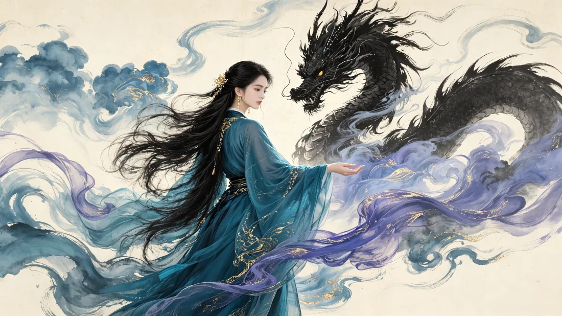 3k古风蓝衣女子壁纸｜水墨祥云背景图片 - 国风插画「哲风壁纸」