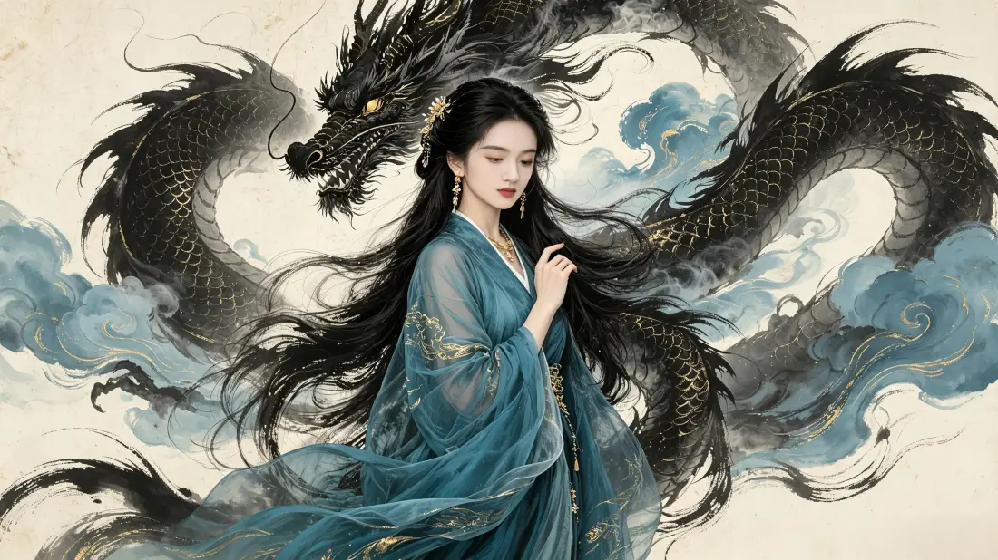 3k古风美女壁纸｜水墨龙祥云背景图片 - 国风青色古装插画「哲风壁纸」