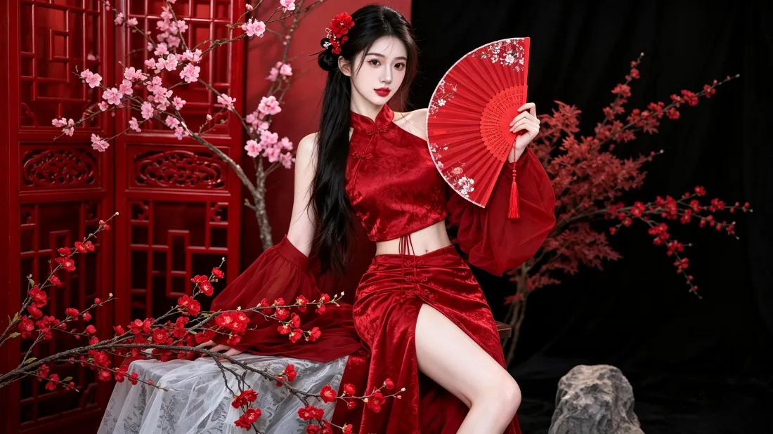 3k红衣古风美女壁纸｜中式梅花背景图片 - 氛围感国风人像「哲风壁纸」