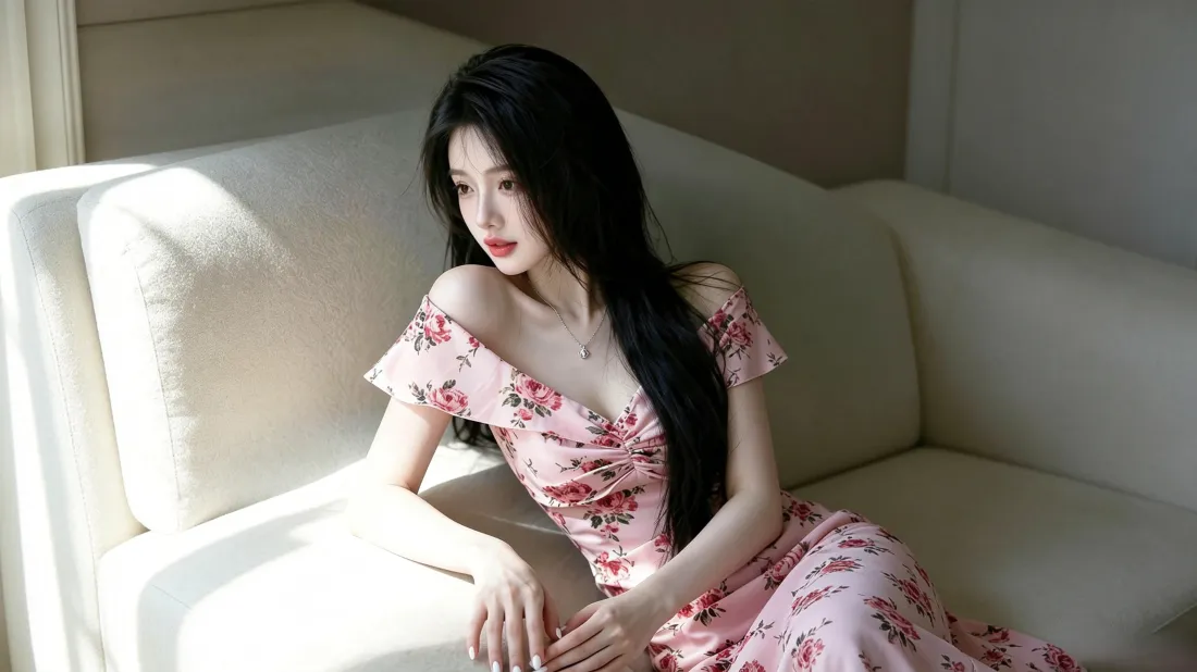 3k长发气质美女壁纸｜粉色碎花裙居家背景图片 - 氛围感写真「哲风壁纸」
