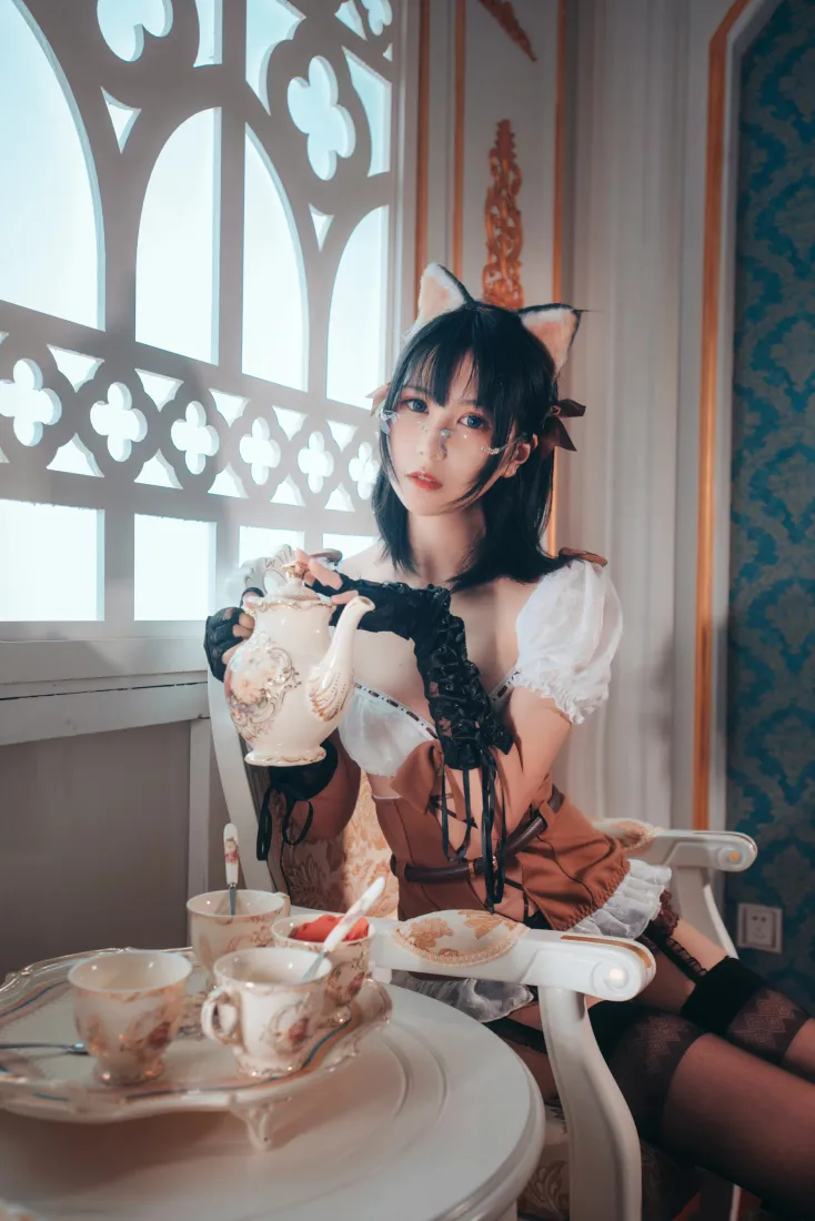 逐月su手机壁纸｜猫耳女仆背景图片 - 黑丝cosplay写真「哲风壁纸」