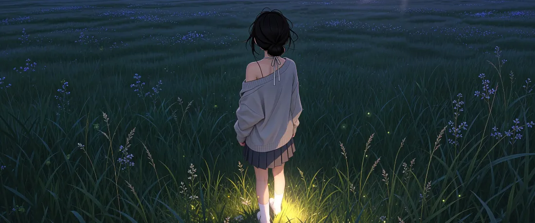 3k二次元少女壁纸｜夜晚草地背景图片 - 治愈氛围感背影「哲风壁纸」