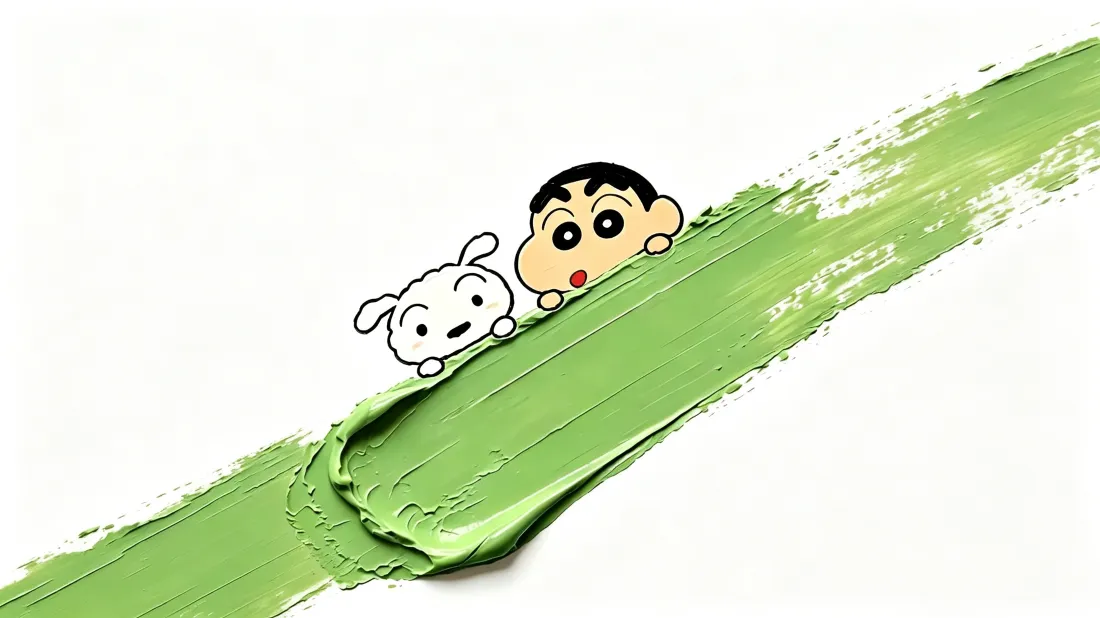 3k蜡笔小新壁纸｜小白绿色颜料背景图片 - 可爱卡通「哲风壁纸」