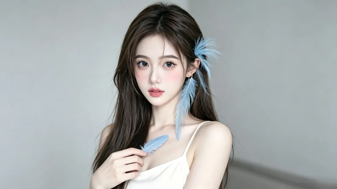 3k清纯美女壁纸｜白色吊带背景图片 - 蓝色羽毛氛围感纯欲写真「哲风壁纸」