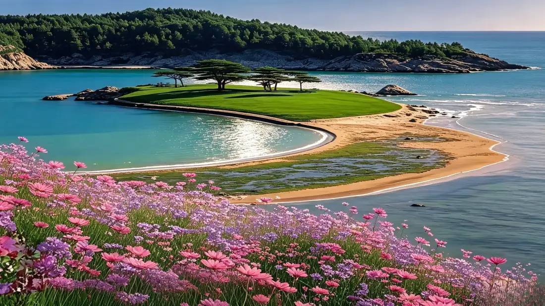 3k海湾花田壁纸｜海岛沙滩背景图片 - 清新自然风景「哲风壁纸」