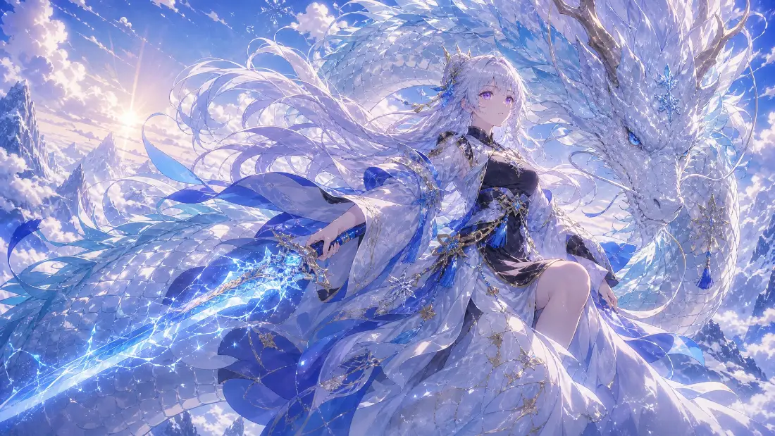 2k持剑白发少女壁纸｜天空云朵背景图片 - 二次元插画「哲风壁纸」