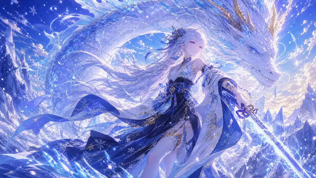 2k古风白发少女壁纸｜海浪白龙持剑背景图片 - 二次元插画「哲风壁纸」