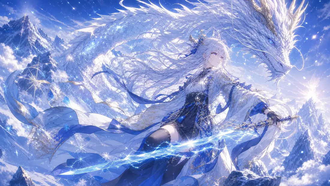2k古风银发女剑士壁纸｜冰原雪山背景图片 - 清冷二次元插画「哲风壁纸」