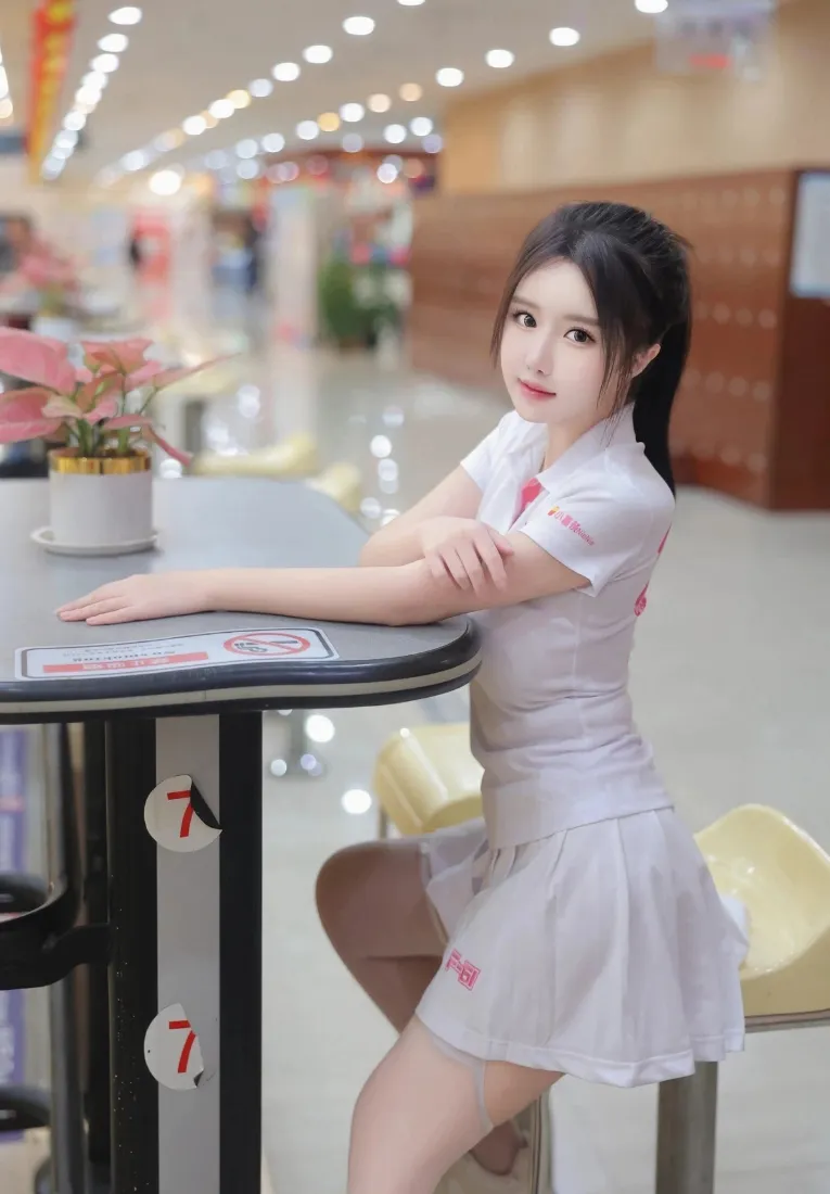 高马尾美女手机壁纸｜白百褶裙背景图片 - 台球厅休闲人像「哲风壁纸」