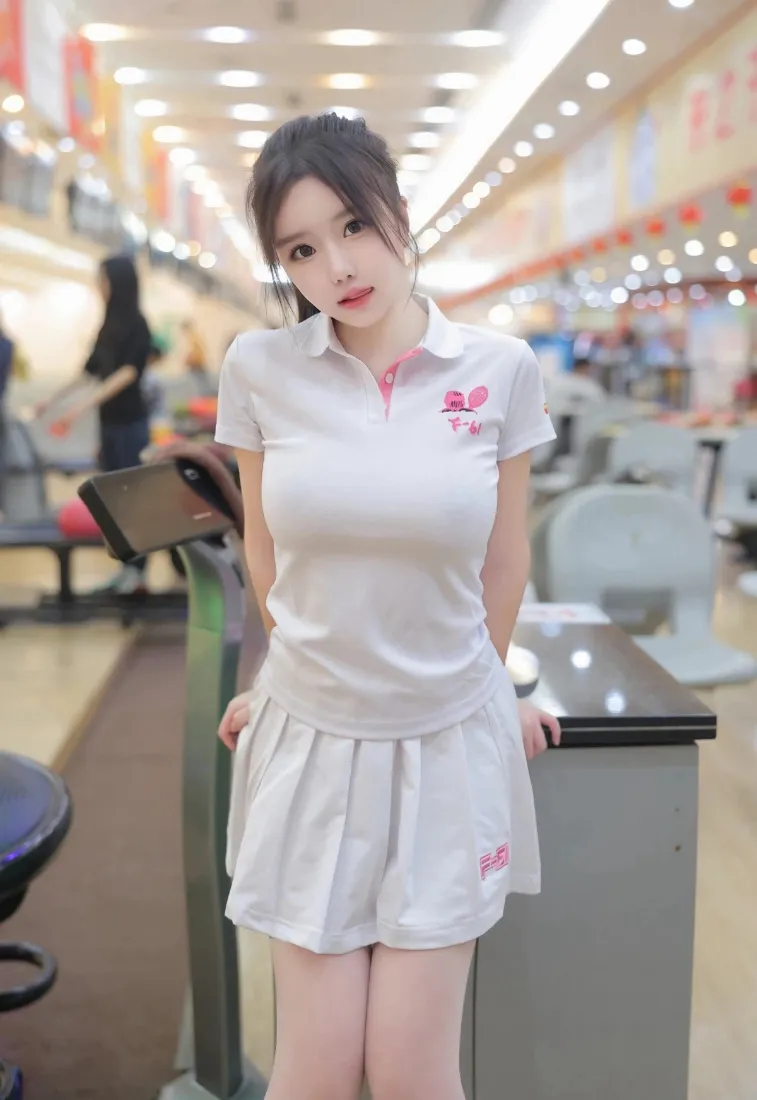 白百褶裙美女手机壁纸｜保龄球馆背景图片 - 清纯甜美少女「哲风壁纸」