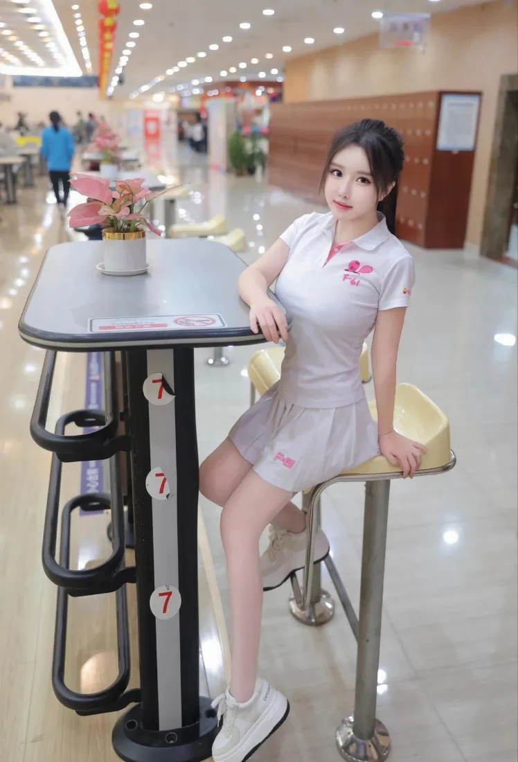 清纯美女手机壁纸｜白百褶裙室内餐饮区背景图片 - 休闲穿搭「哲风壁纸」