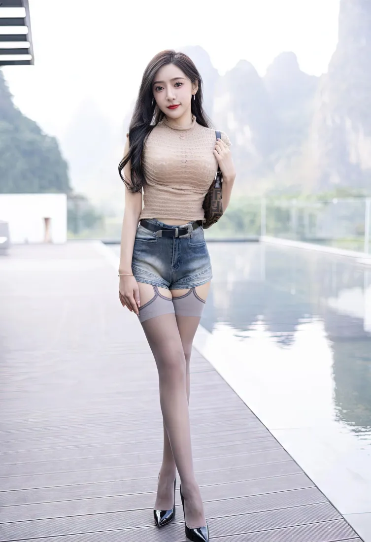 性感模特手机壁纸｜露台水池背景图片 - 时尚美女写真「哲风壁纸」