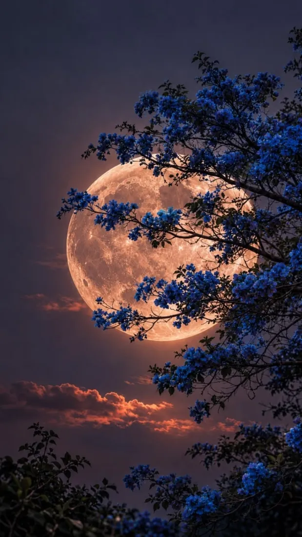 圆月蓝花手机壁纸｜夜空暮色背景图片 - 东方幻想「哲风壁纸」
