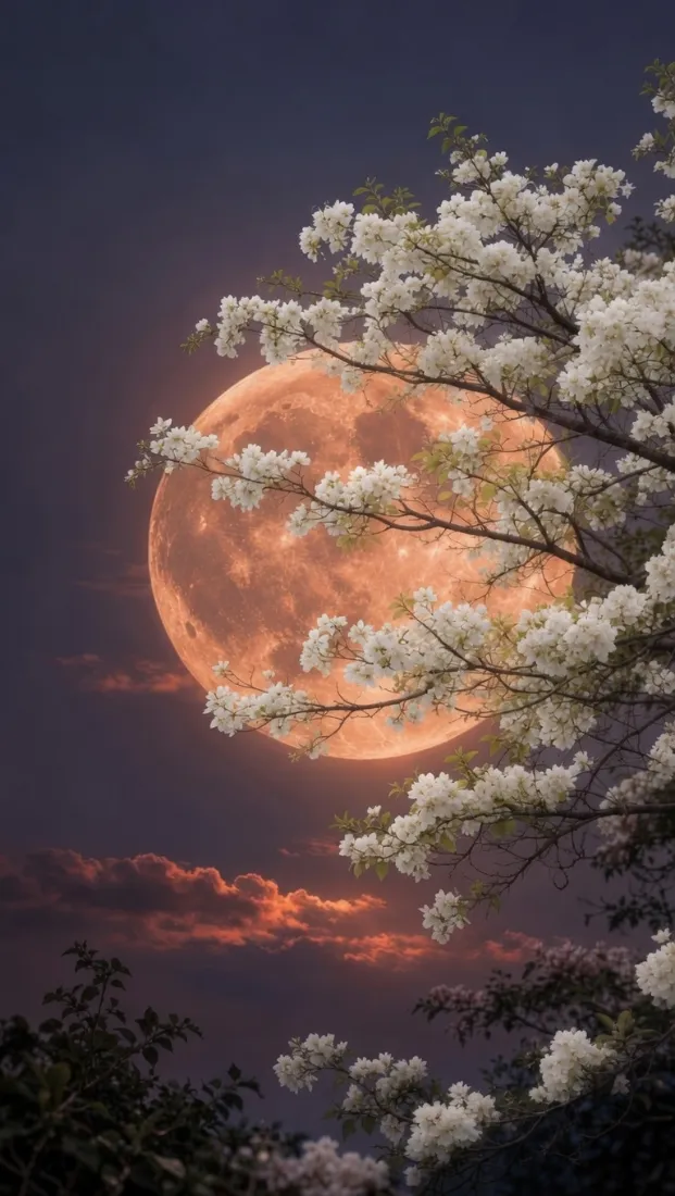 暖月花枝手机壁纸｜白色花卉背景图片 - 雅致孤寂月夜风景「哲风壁纸」