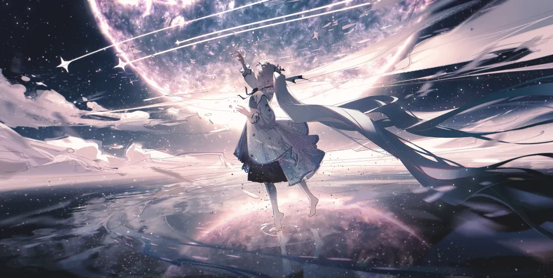 5k初音未来壁纸｜星空水面背景图片 - 双马尾二次元少女插画「哲风壁纸」