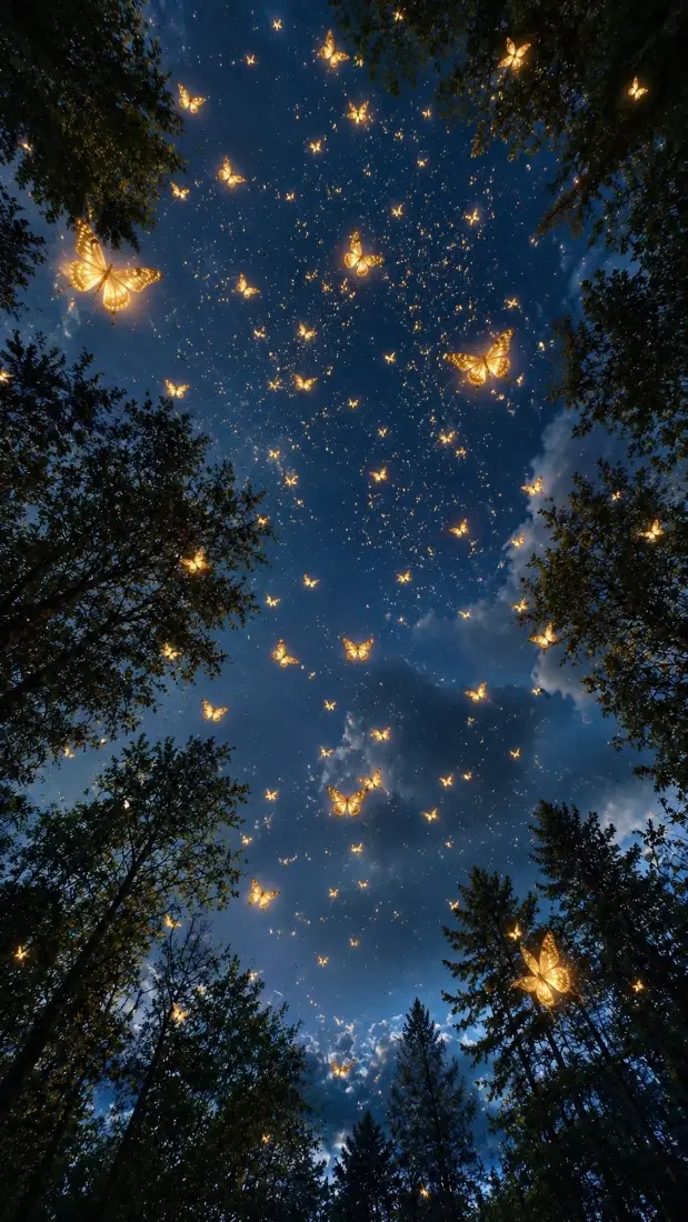 梦幻夜空手机壁纸｜静谧森林背景图片 - 金色蝴蝶萤火「哲风壁纸」