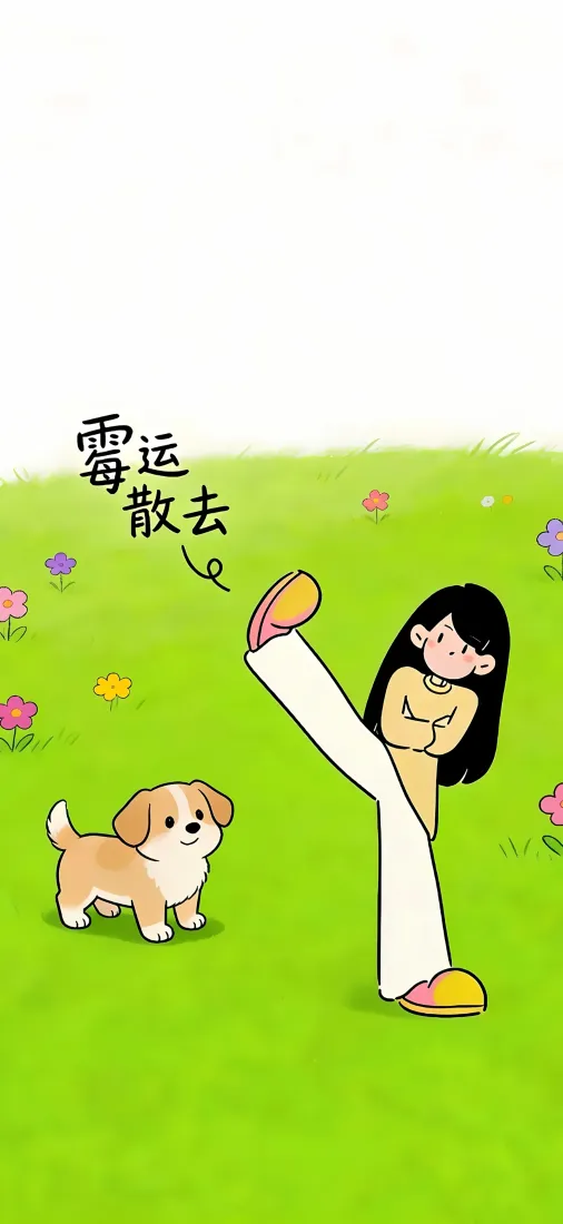 卡通女孩手机壁纸｜绿色草地小狗背景图片 - 霉运散去「哲风壁纸」