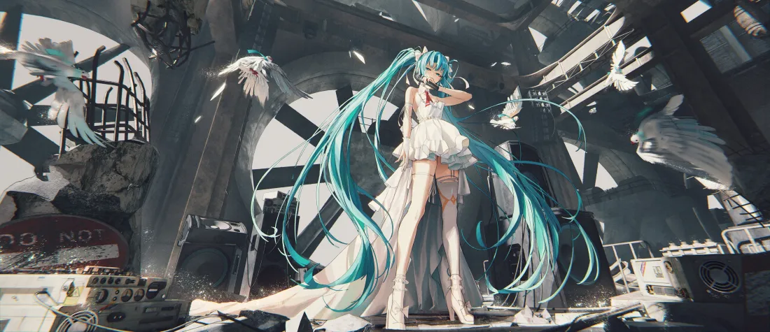5k初音未来壁纸｜废墟白鸽背景图片 - 白裙青发少女「哲风壁纸」