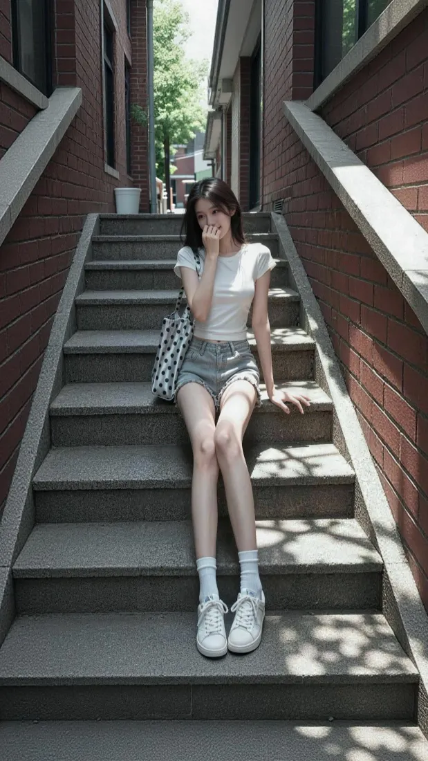 青春少女手机壁纸｜巷弄石阶背景图片 - 夏日清新穿搭「哲风壁纸」