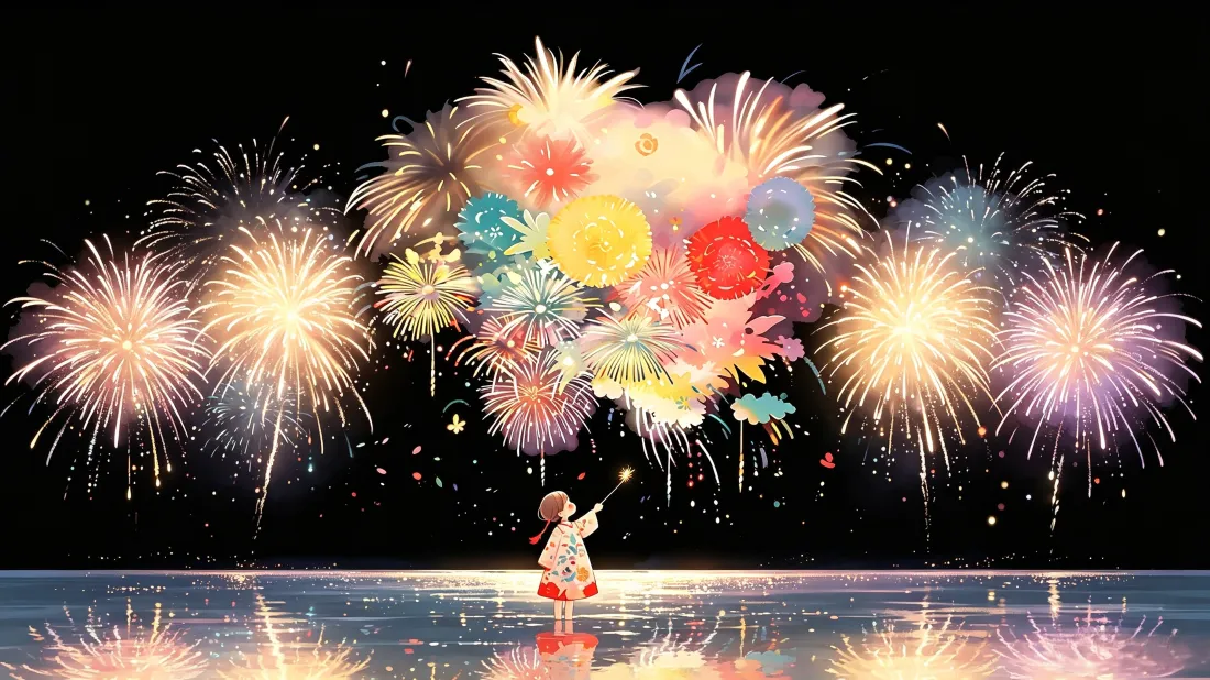 3k烟花女孩插画壁纸｜夜晚水面倒影背景图片 - 治愈氛围感「哲风壁纸」