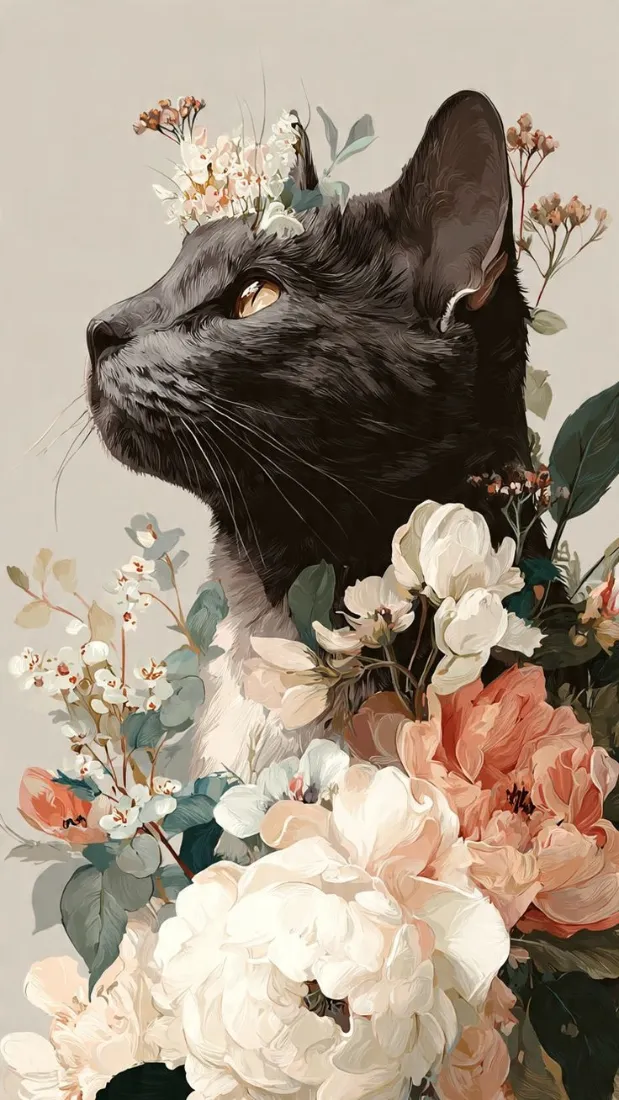 黑猫手机壁纸｜春日浪漫花海背景图片 - 贵族感治愈插画「哲风壁纸」