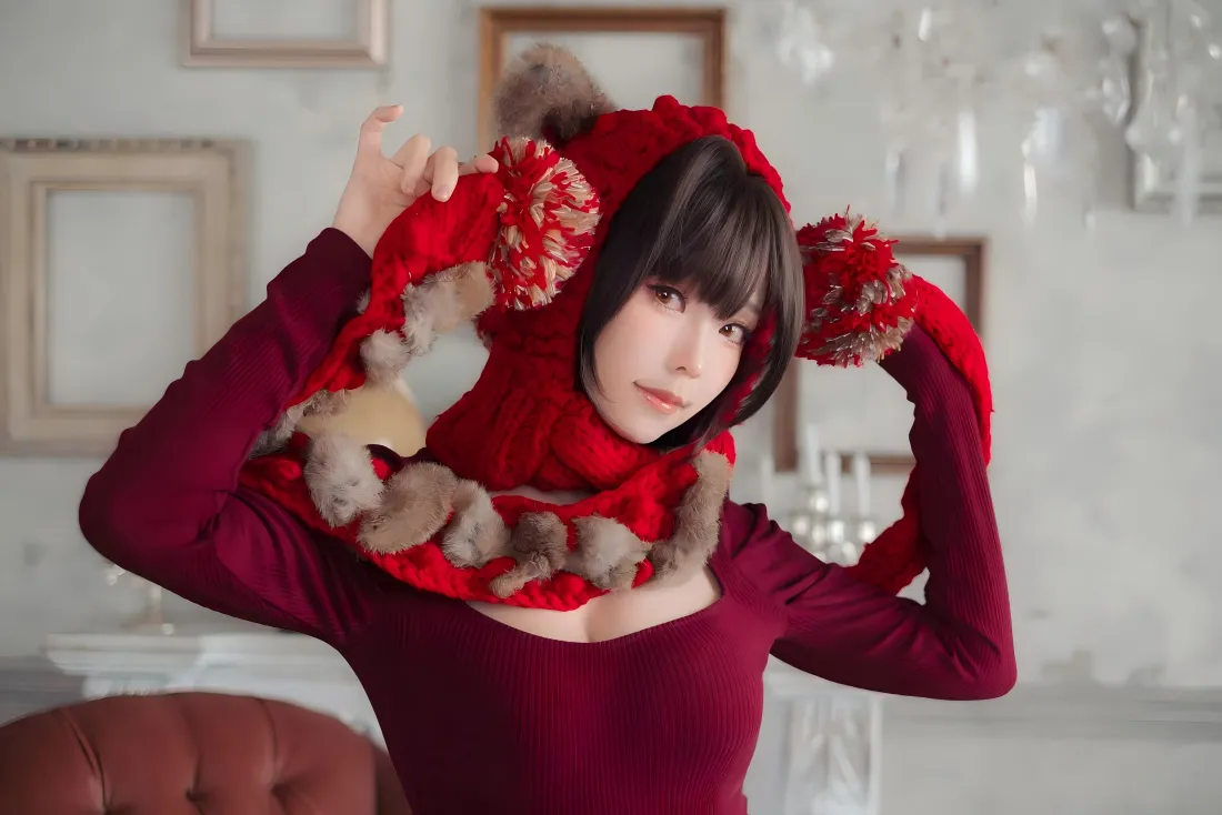 6k红衣美女壁纸｜室内居家背景图片 - 冬日氛围感写真「哲风壁纸」