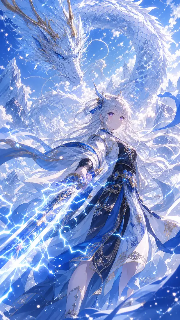 白发仙侠少女手机壁纸｜蓝色雷电雪山背景图片 - 二次元插画「哲风壁纸」