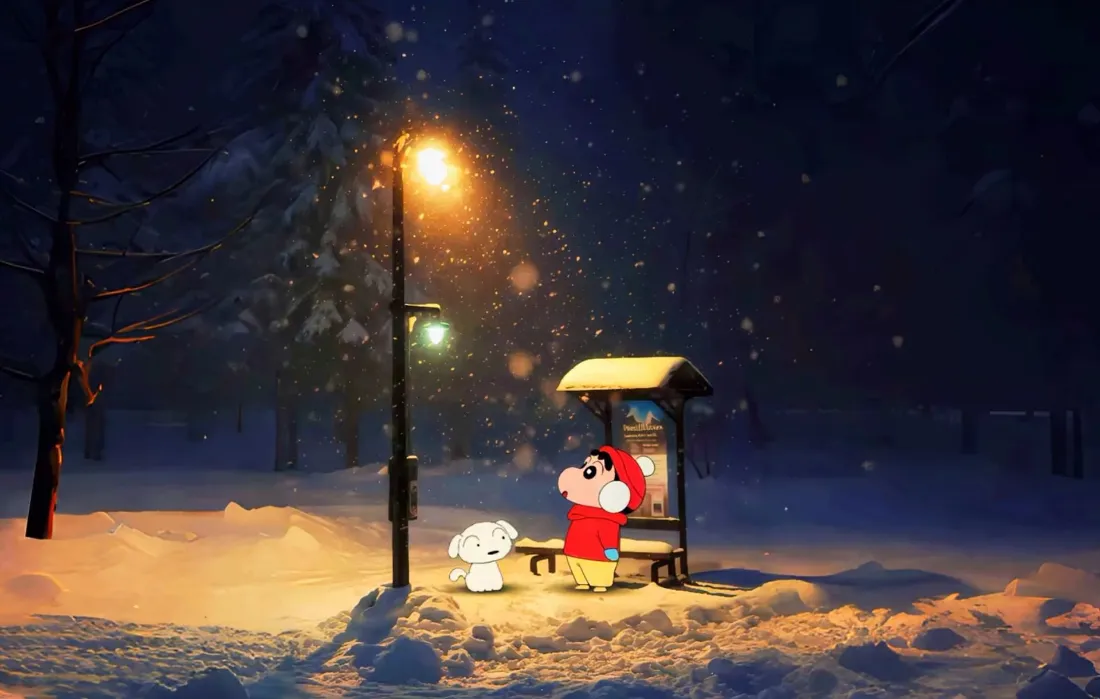 2k蜡笔小新壁纸｜雪夜街景背景图片 - 小白暖光路灯「哲风壁纸」