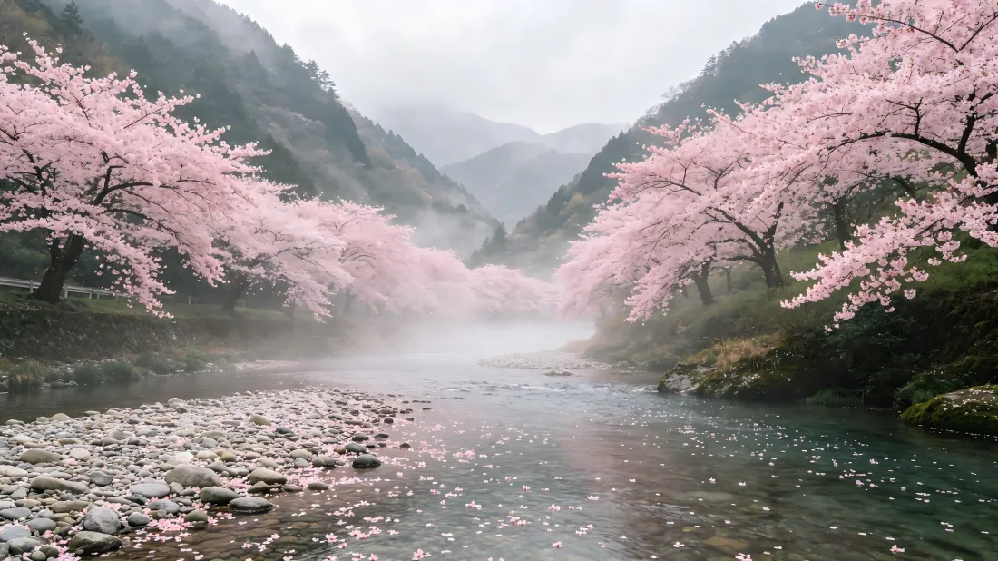 3k樱花壁纸｜河道山谷背景图片 - 春日晨雾清新自然风景「哲风壁纸」