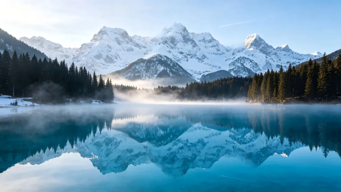 3k雪山湖泊壁纸｜自然风景背景图片 - 晨雾山林倒影「哲风壁纸」