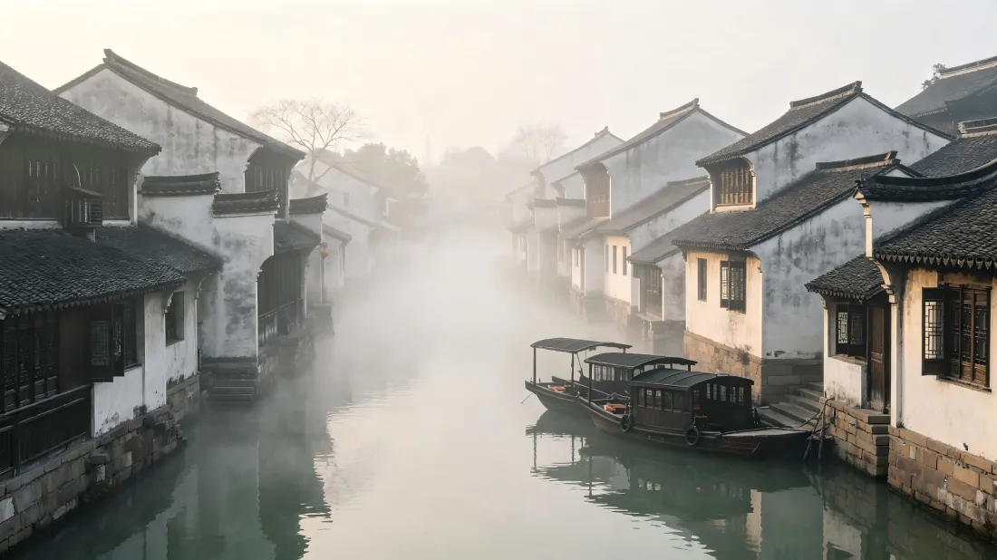 3k徽派建筑壁纸｜江南水乡背景图片 - 晨雾古镇风光「哲风壁纸」