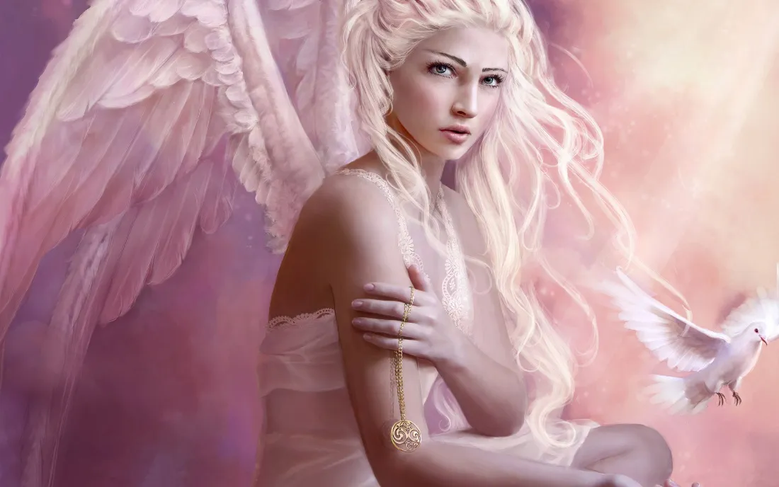 2k天使少女壁纸｜梦幻插画背景图片 - 金发翅膀白鸽「哲风壁纸」