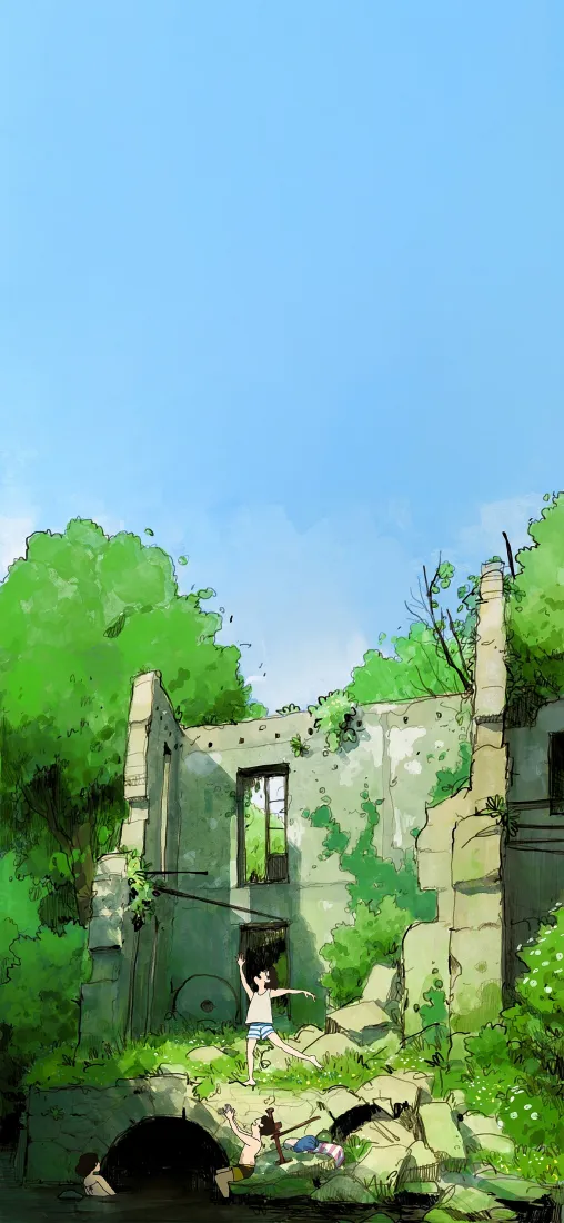 卡通手机壁纸｜高墙废墟背景图片 - 夏日清新场景「哲风壁纸」