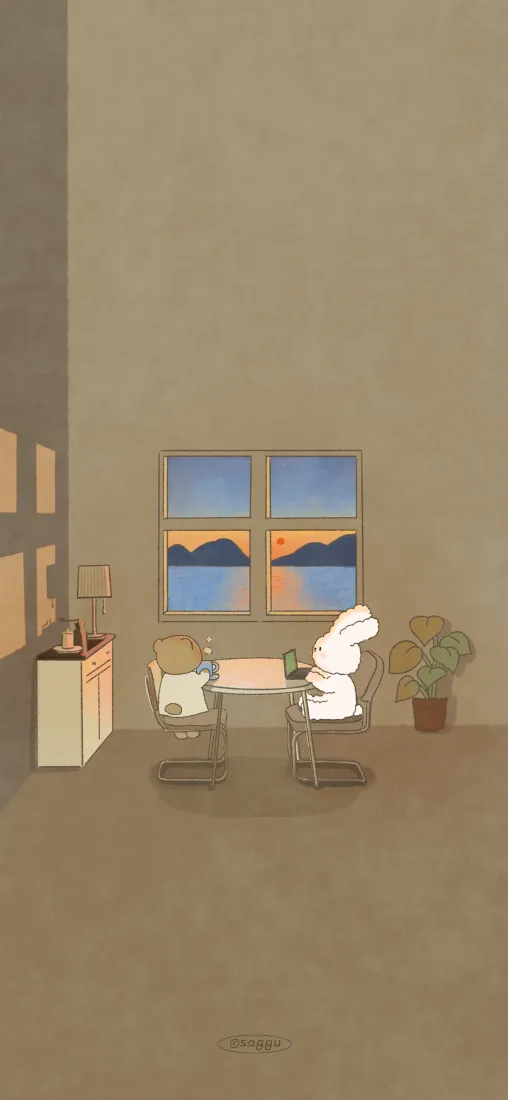 卡通可爱手机壁纸｜温馨家居背景图片 - 窗边日落湖景「哲风壁纸」