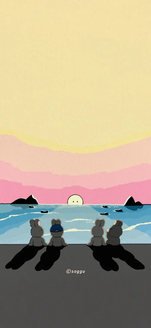 可爱卡通海边日落手机壁纸｜沙滩看海背景图片 - 治愈扁平插画「哲风壁纸」
