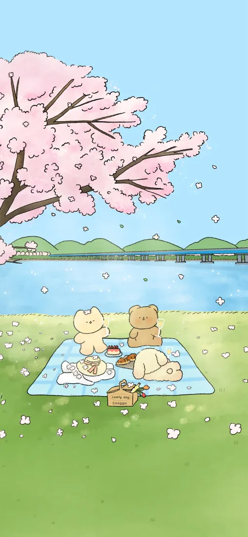 可爱小熊手机壁纸｜樱花湖边野餐背景图片 - 治愈风插画「哲风壁纸」