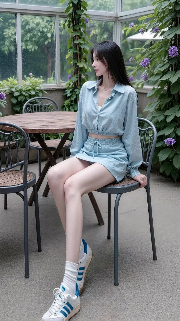 气质美女手机壁纸｜露台绿植背景图片 - 浅蓝色休闲穿搭「哲风壁纸」