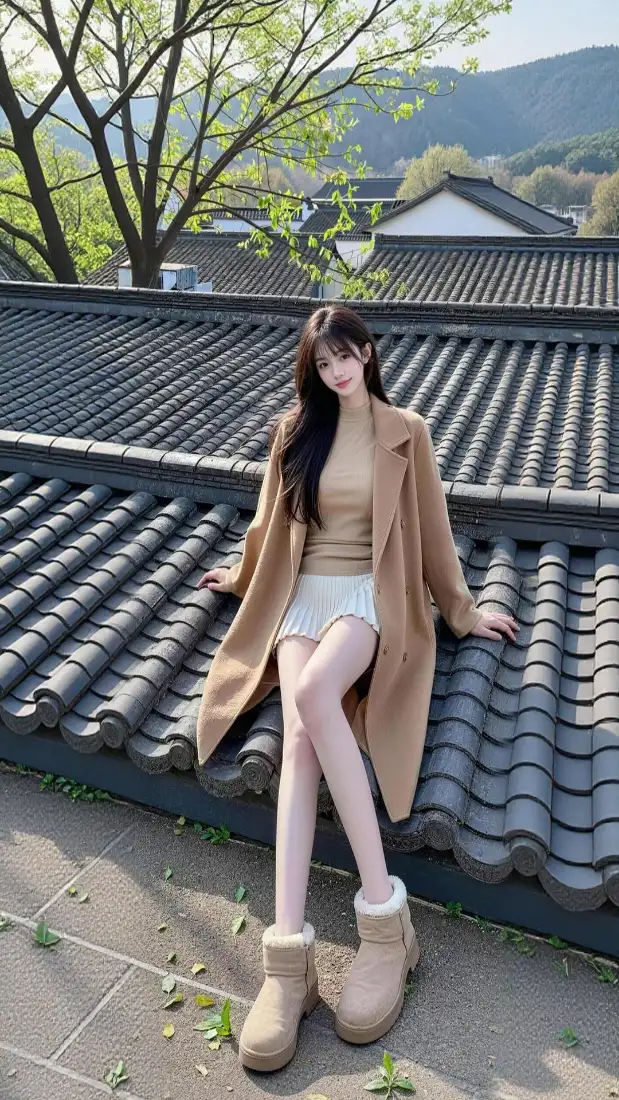 甜美长发美女手机壁纸｜中式屋顶户外背景图片 - 温柔穿搭「哲风壁纸」