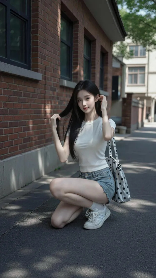 美女手机壁纸｜街头红砖背景图片 - 清新夏日穿搭「哲风壁纸」
