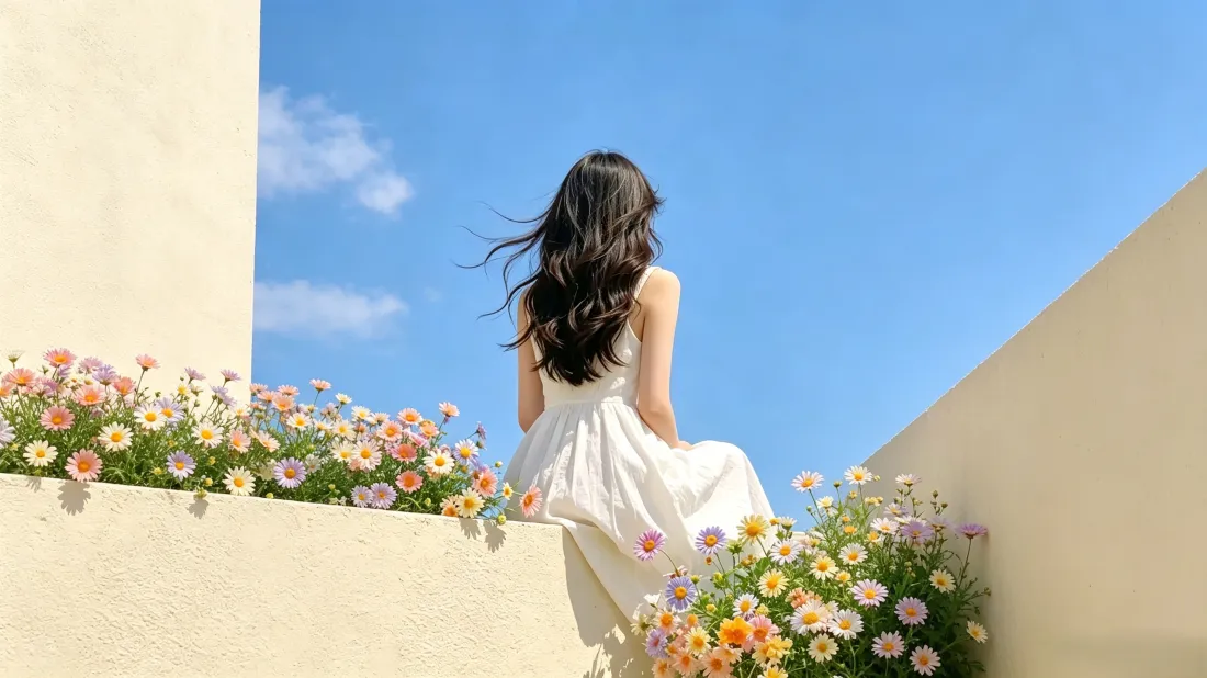 3k白裙少女壁纸｜花海蓝天背景图片 - 夏日清新治愈「哲风壁纸」