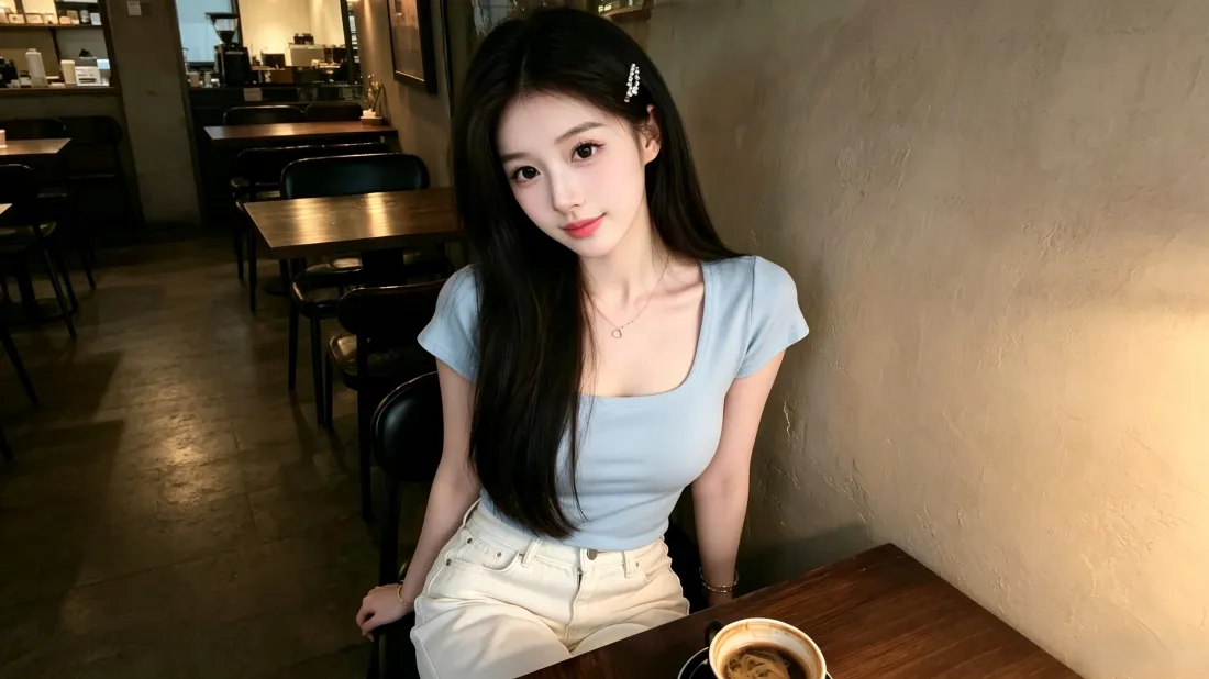 3k长发美女壁纸｜咖啡厅休闲背景图片 - 清新温柔穿搭「哲风壁纸」