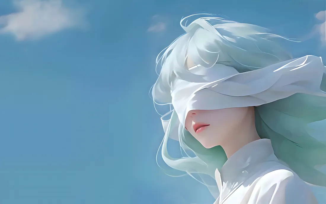 3k蒙眼少女壁纸｜蓝天白云背景图片 - 4K二次元插画「哲风壁纸」