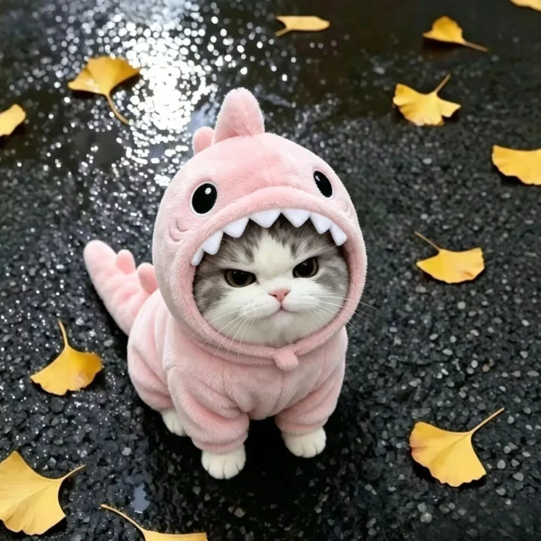 穿粉恐龙服小猫手机壁纸｜秋日银杏路面背景图片 - 治愈软萌「哲风壁纸」