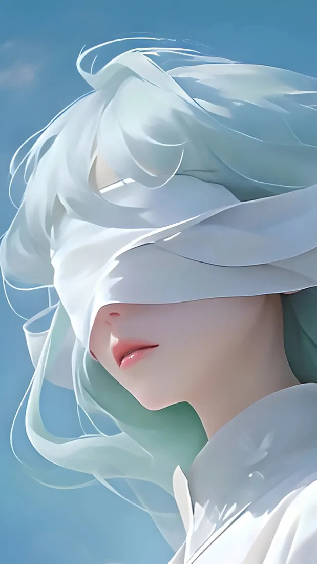 蒙眼二次元少女手机壁纸｜蓝天背景图片 - 清冷插画「哲风壁纸」