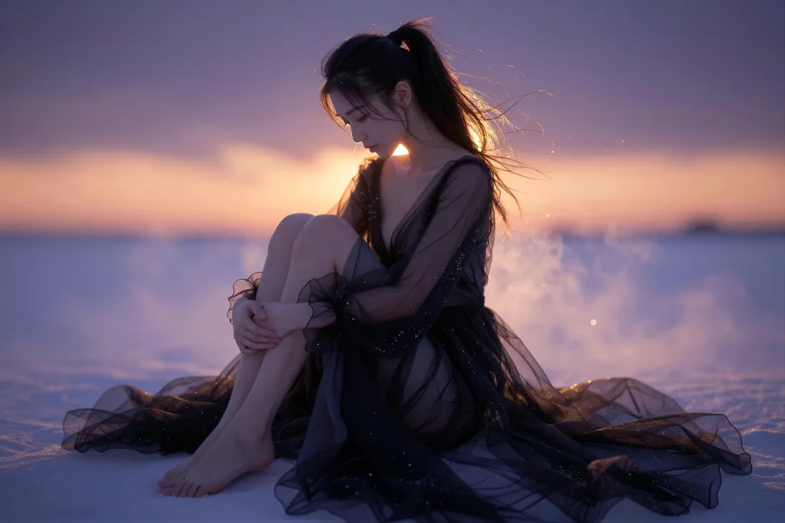 5k高马尾黑衣美女壁纸｜海边日落背景图片 - 氛围感逆光人像「哲风壁纸」