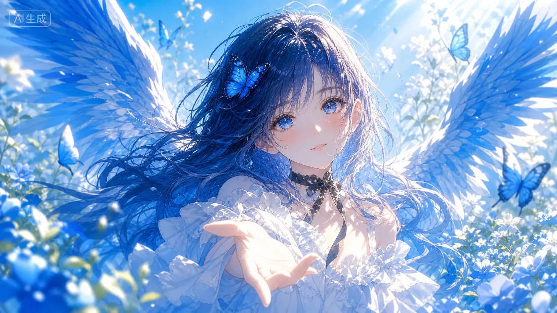 2k蓝发天使少女壁纸｜蓝天蝴蝶背景图片 - 二次元伸手插画「哲风壁纸」