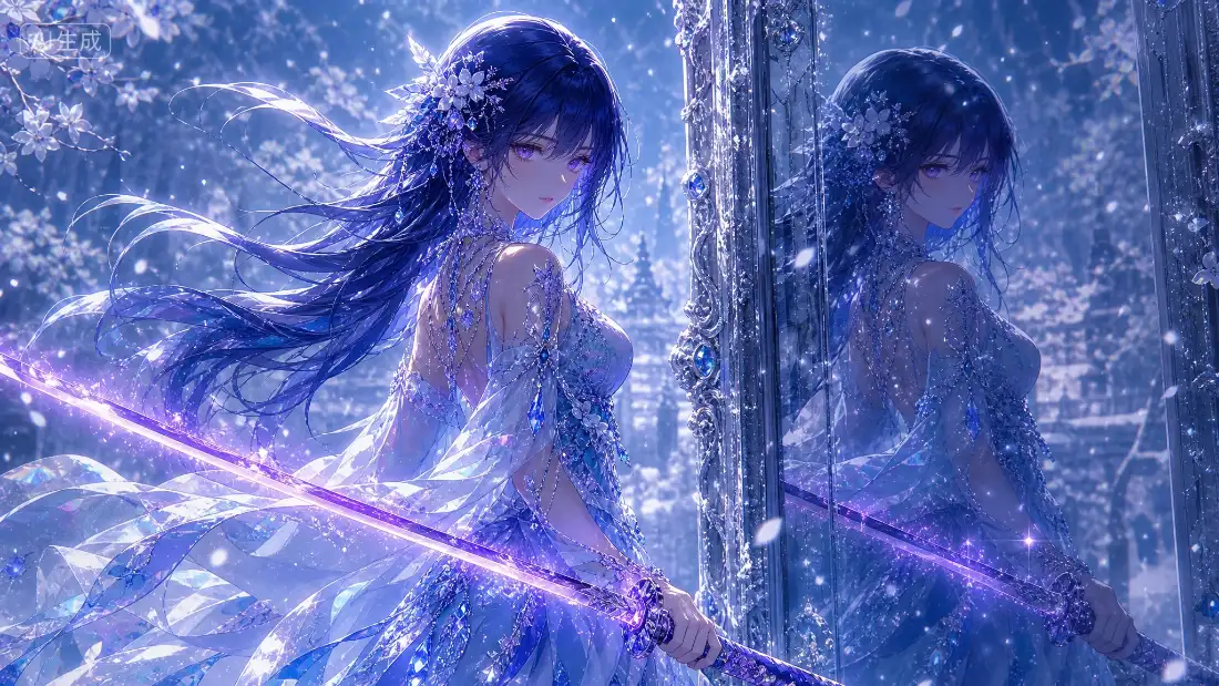 2k蓝发佩剑少女壁纸｜冰雪树林背景图片 - 冷艳二次元插画「哲风壁纸」