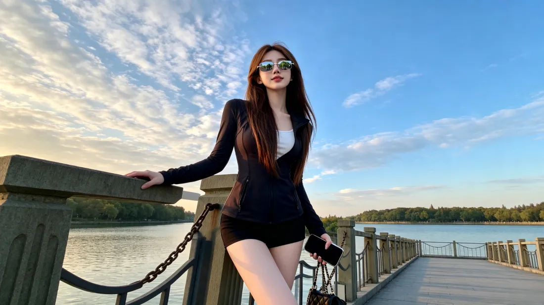 3k气质美女壁纸｜湖边蓝天背景图片 - 时尚墨镜穿搭写真「哲风壁纸」